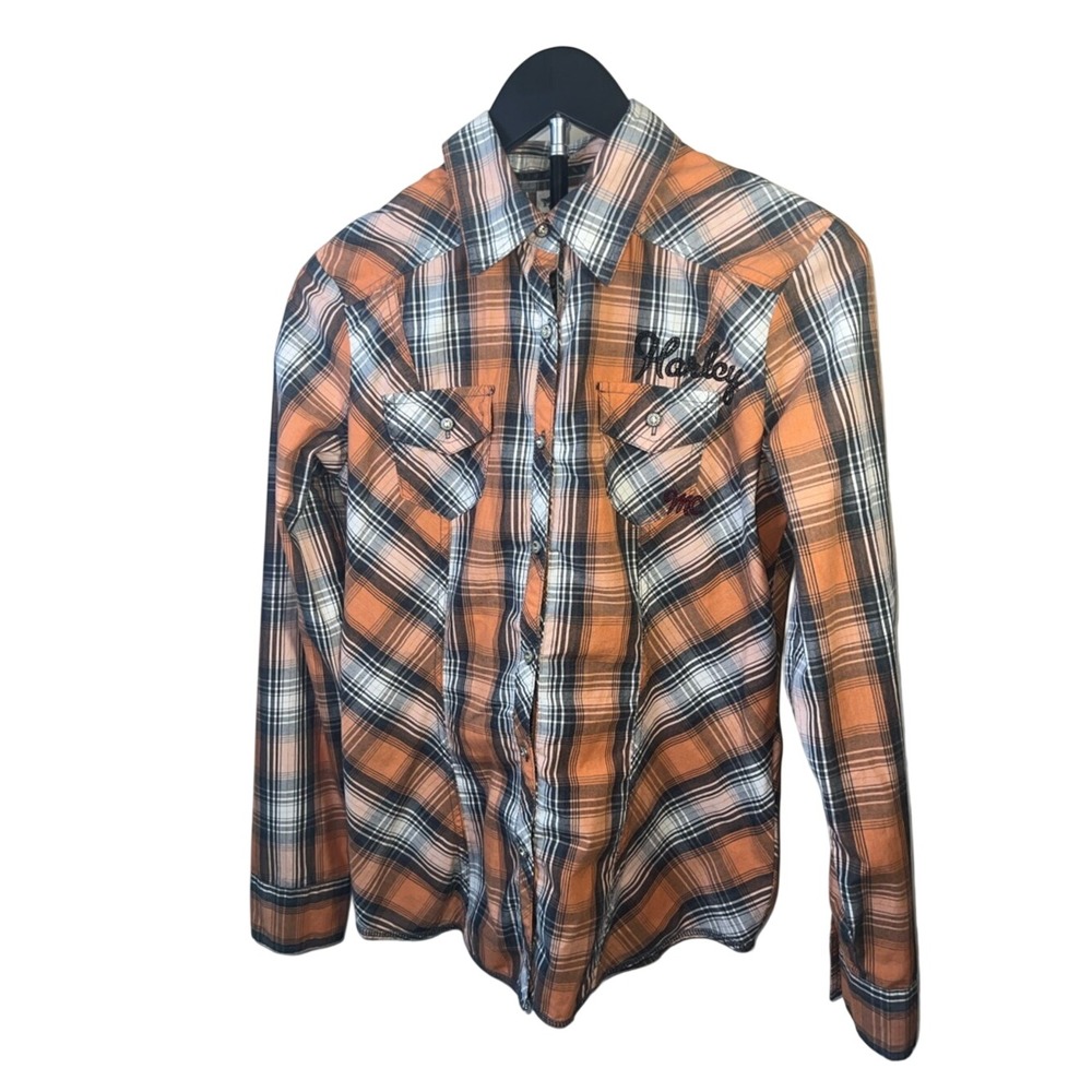 Harley Davidson Womens Plaid Button Up Shirt Orange Black Embroidered Small